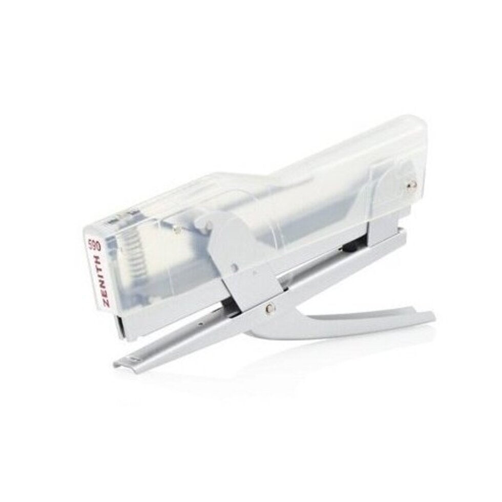 A mechanical stapler with ZENITH embedded on the front end. This model has a transparent finish.