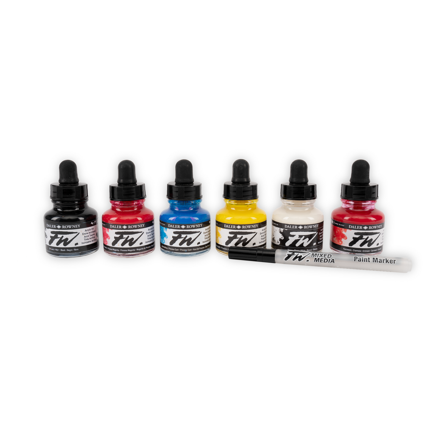 A set of half a dozen glass ink pots with an empty paint marker.
