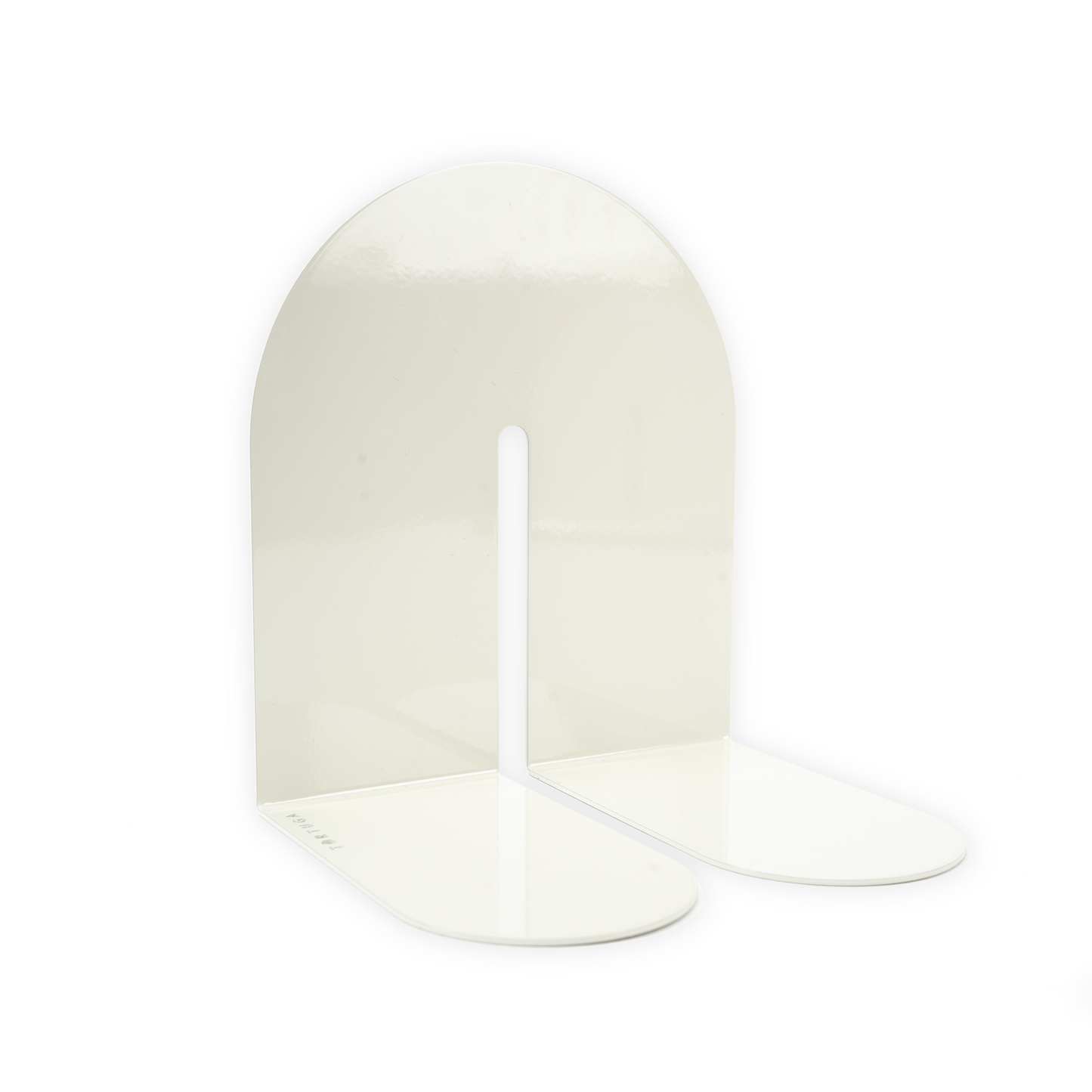 A curved metal bookend that forms an arch when standing. It is a cool white color.