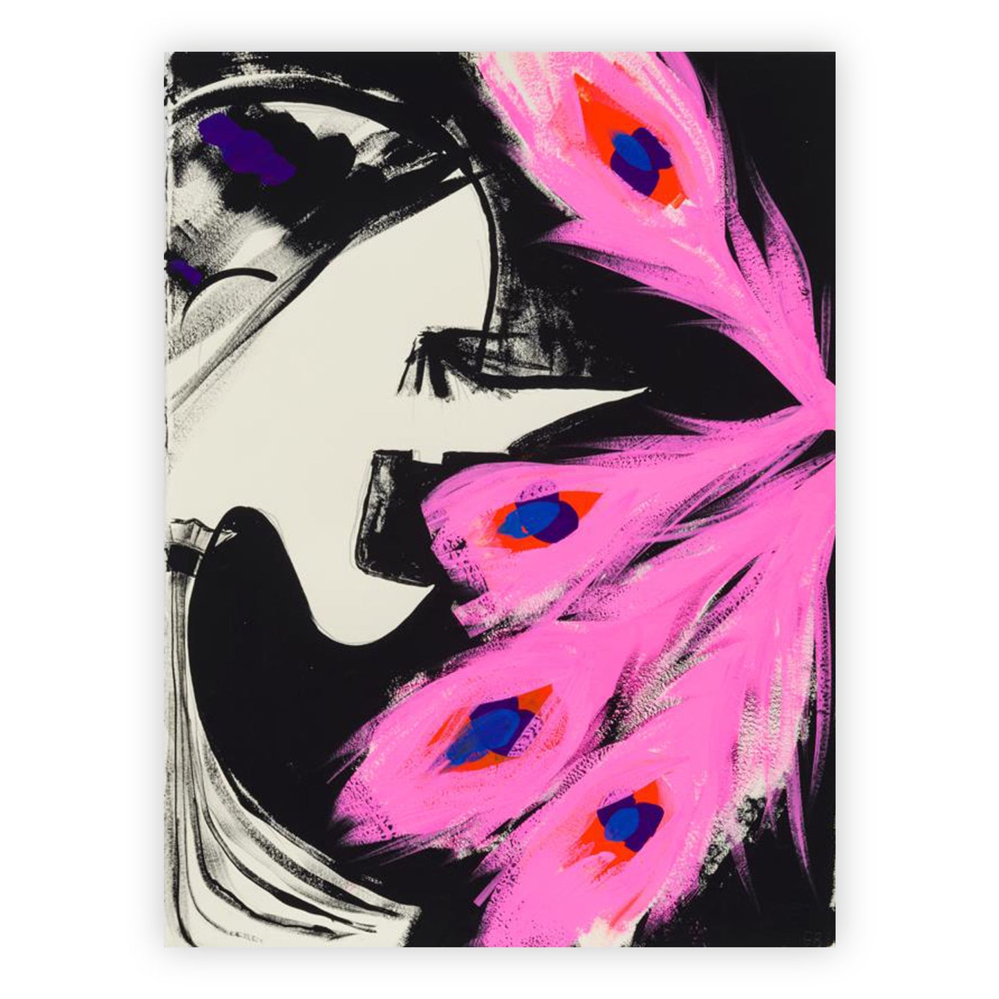 Print of "Untitled" by Ellen Berkenbilt. A stylistic femme profile emerges from the left in quick brushstrokes. Her jaw is open, with several neon pink peacock feathers entering her mouth.