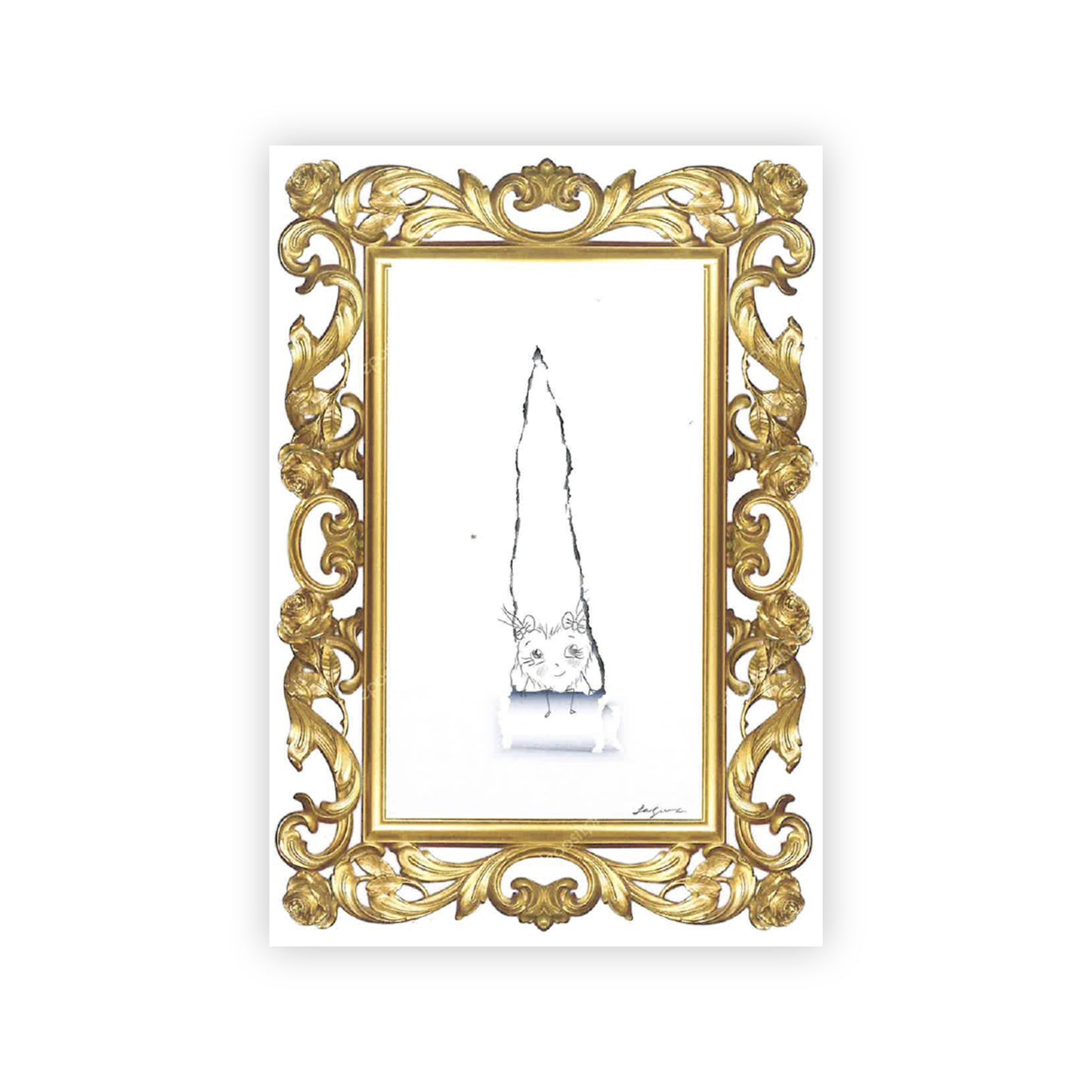 Print of "Untitled" by Fernanda Laguna. In a printed frame of gold filligree sits an anthropomorpic cartoon heart. She's seated on an illusionistic "rip" in the paper.
