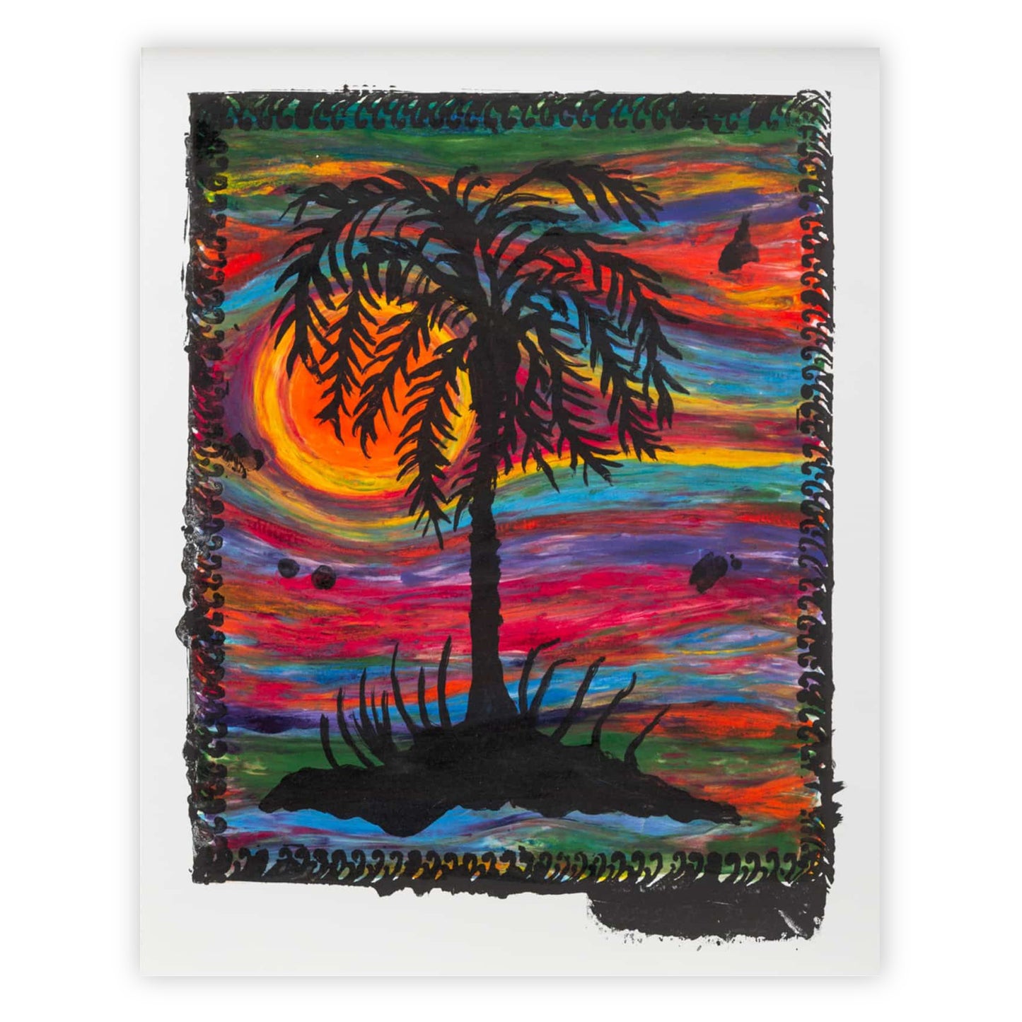 Print of "Untitled" by Josh Smith. A black palm tree floats within a looping black frame. Behind the tree is a rainbow sky and hot orange sun.