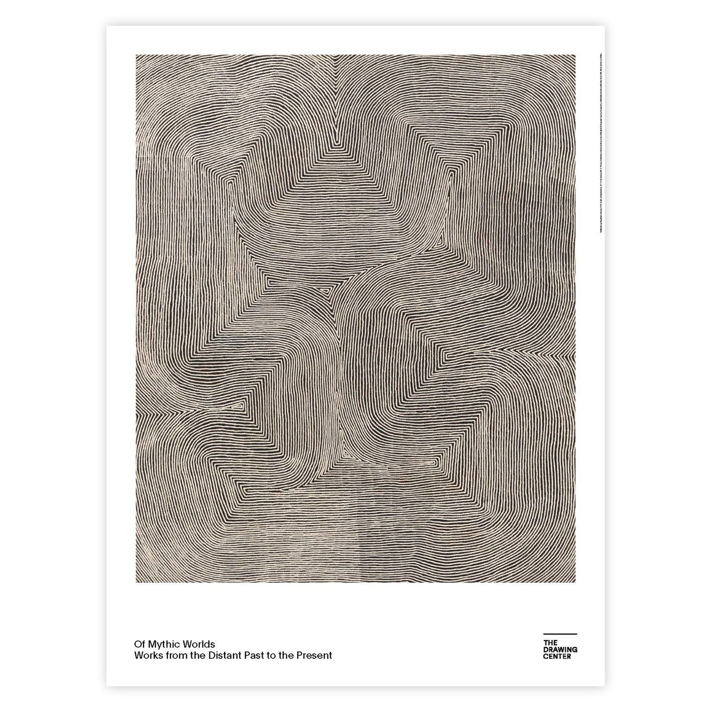 Of Mythic Worlds poster featuring a reproduction of the artwork Maruwa, 2017, by Warlimpirrnga Tjapaltjarri