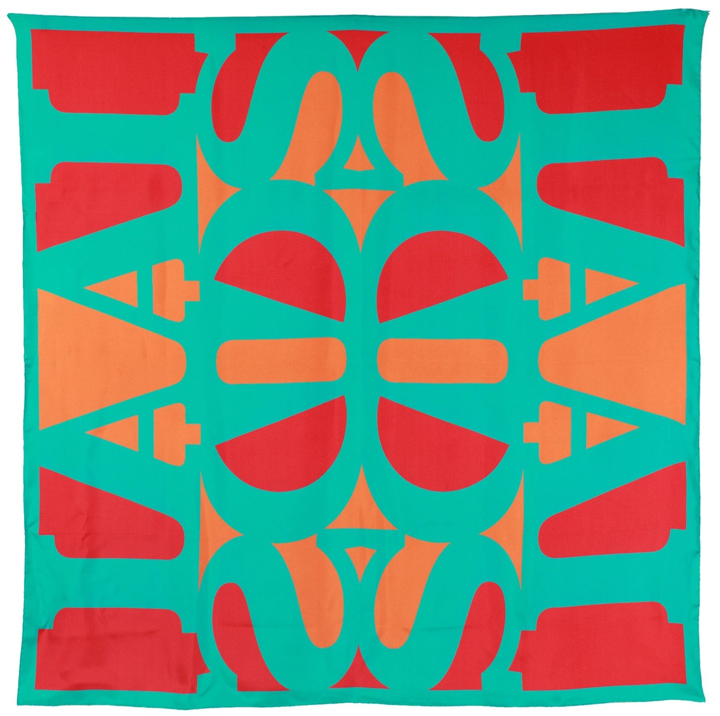 A straight-on view of the Great AIDS scarf unfolded. There is a tesseilating pattern spelling out the word "AIDS" that repeats four times. In the middle of the scarf the "D" letters converge to create an abstract image of a butterfly.