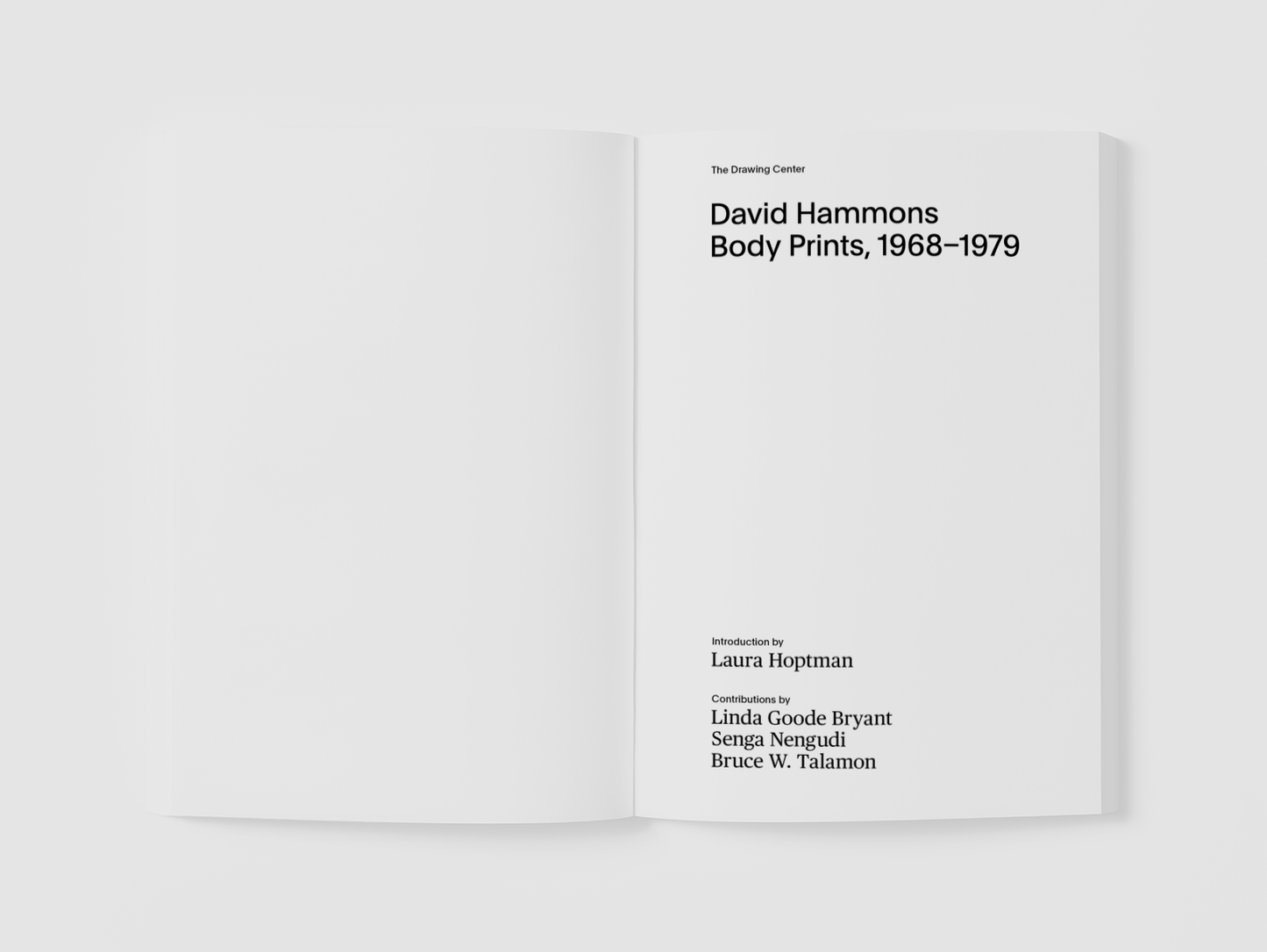 A sample page from "David Hammons, Body Prints" featuring accompanying text about the artwork.
