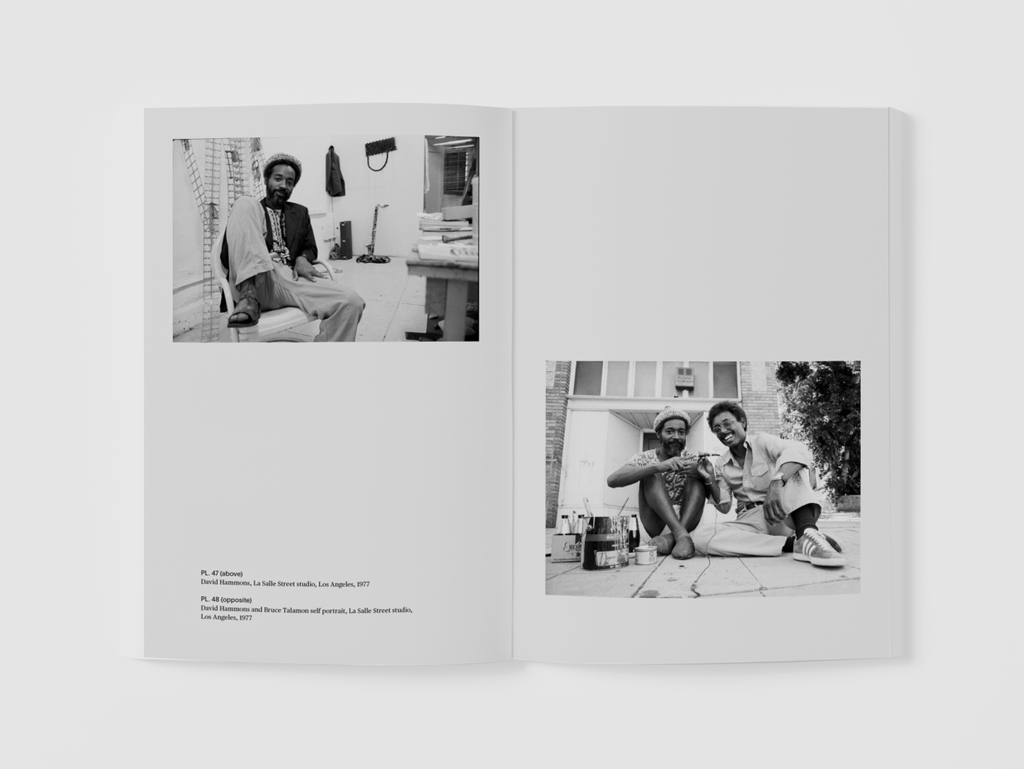 A sample page from "David Hammons, Body Prints" featuring plates and accompanying text about the artwork.