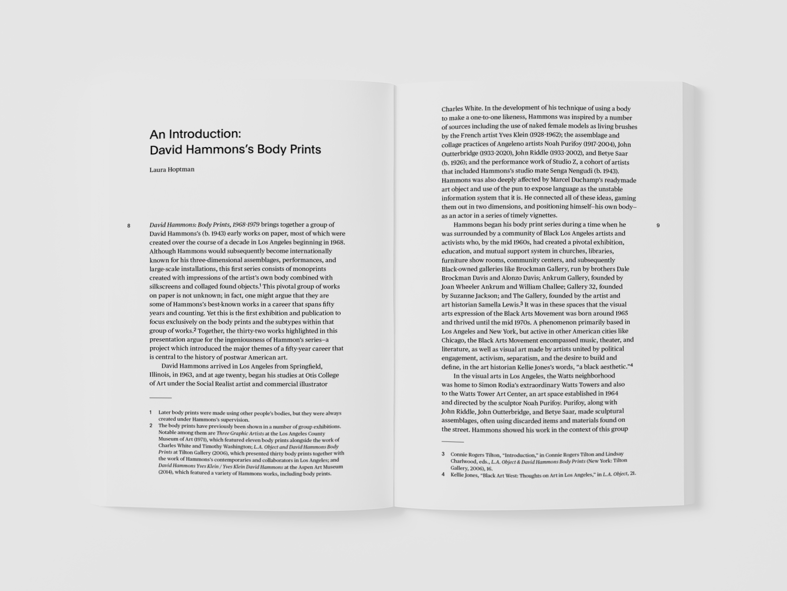 A sample page from "David Hammons, Body Prints" featuring accompanying text about the artwork.