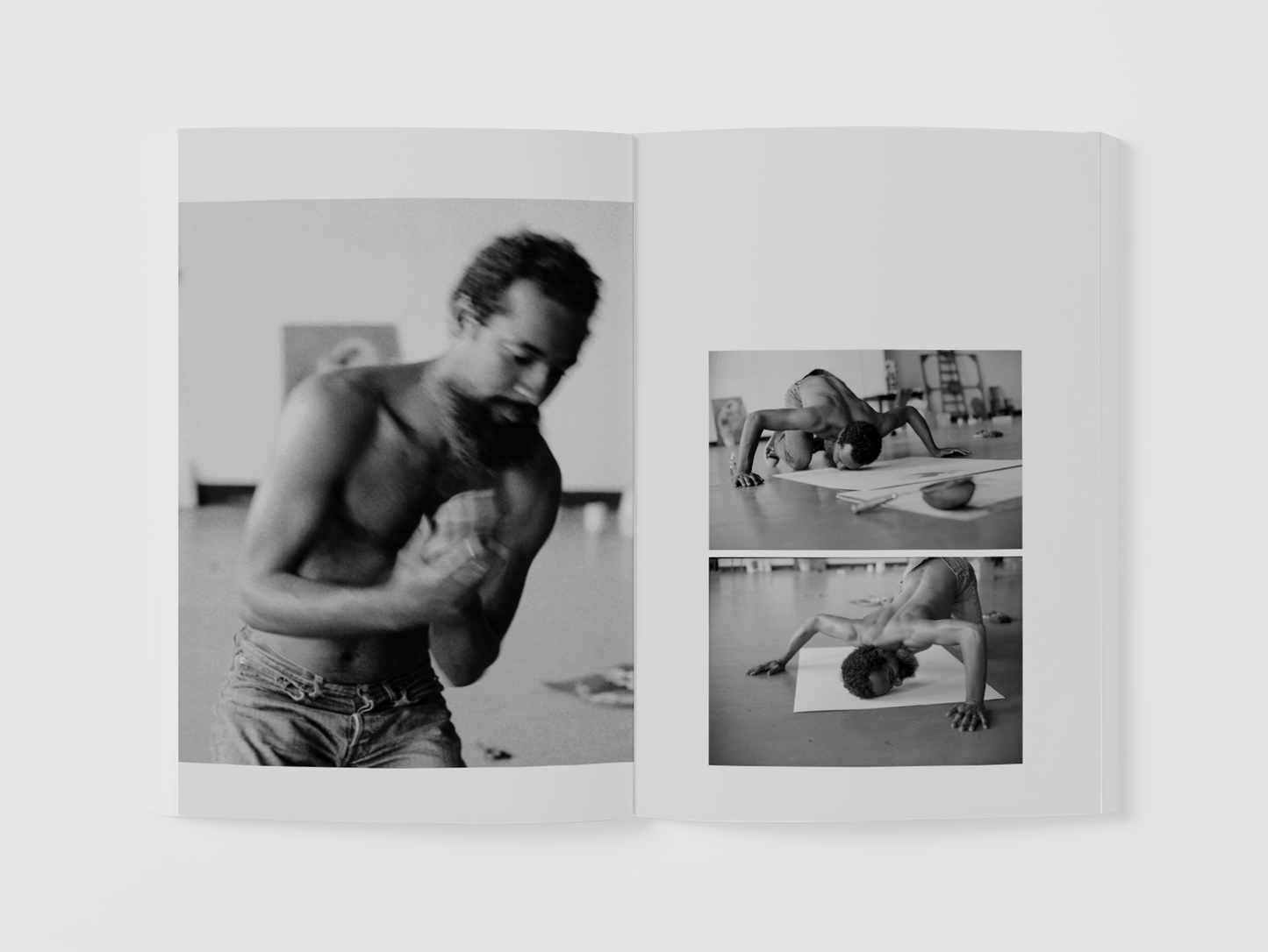 A sample page from "David Hammons, Body Prints" featuring three photographs from the show. 