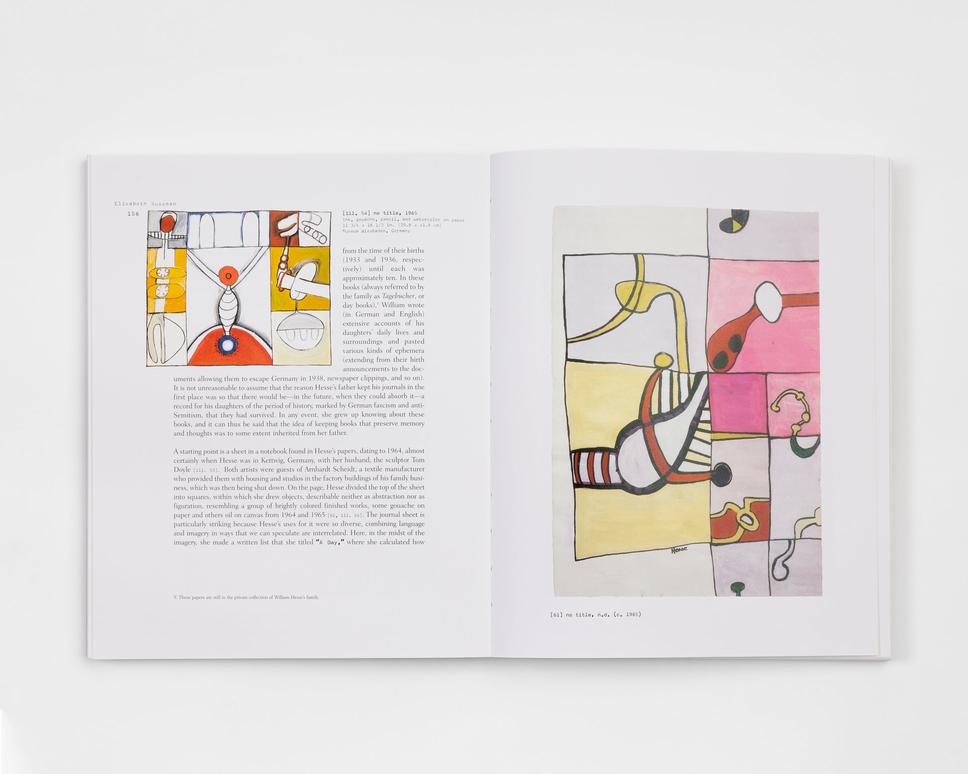 Inside pages of "Eva Hesse Drawing" showing two drawings and text about the work.