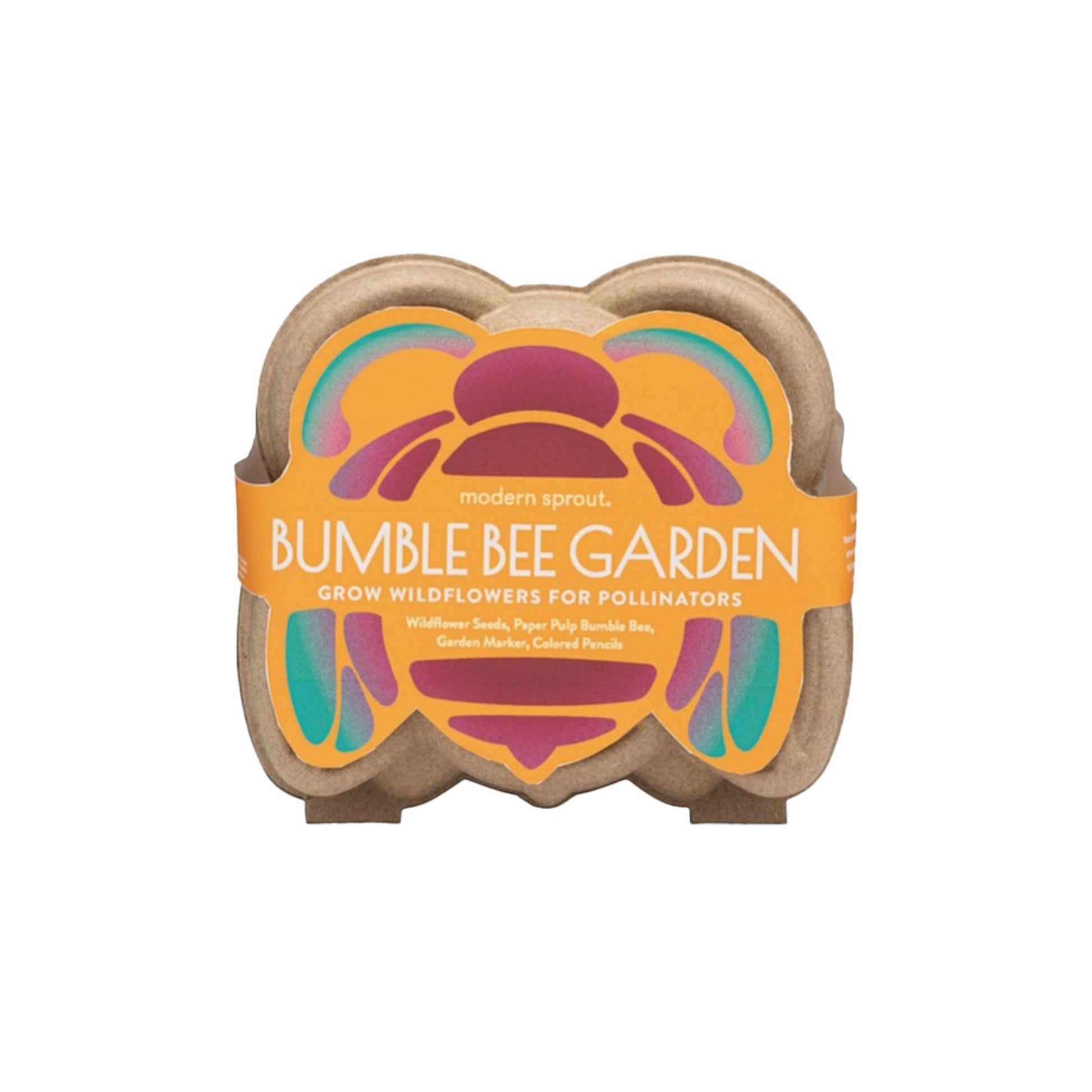 Recycled pulp paper box in the shape of a bumble bee. A printed belly-band is at its center.