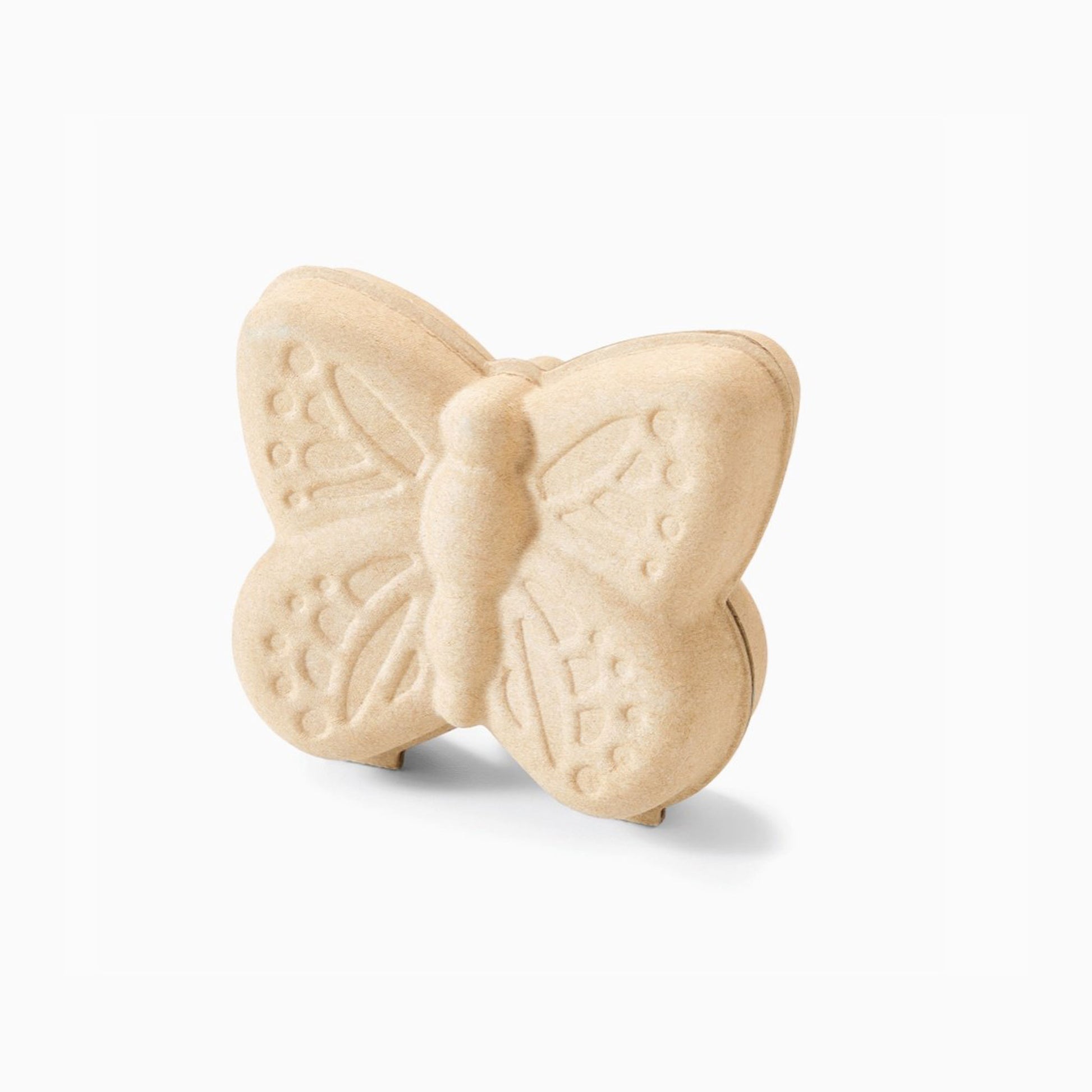 Recylced pulp paper box in the shape of a butterfly.