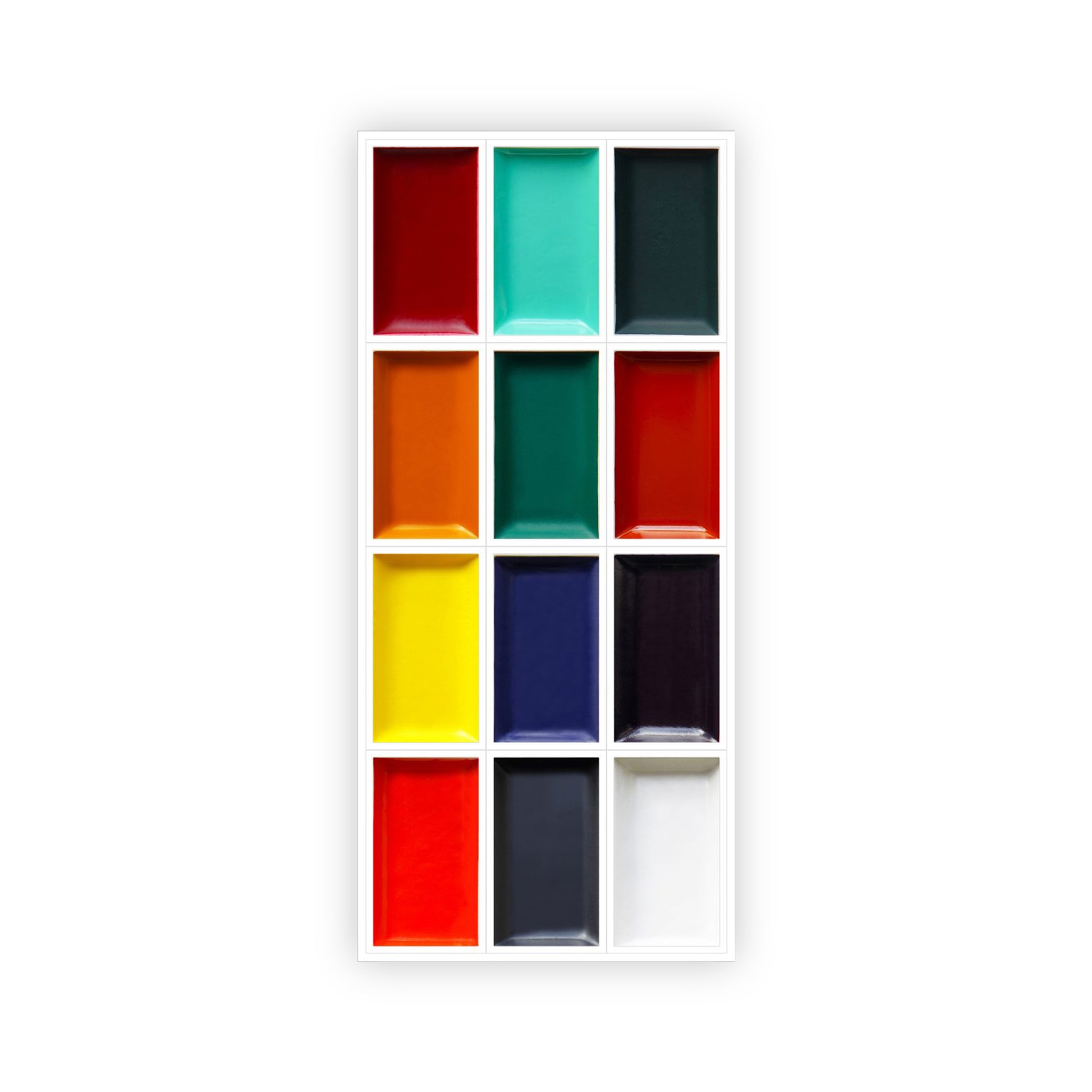 The inside of the 12-color box set. The vibrant rectangular color pots are separated by a white edge.