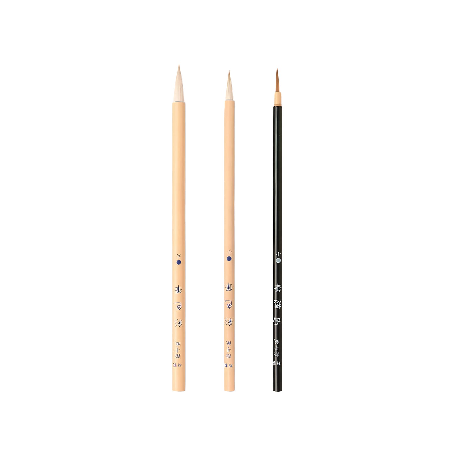 A series of three brushes, two with a natural wooden handle and one with a glossy black handle. Each paintbrush has japanese text written on the side.