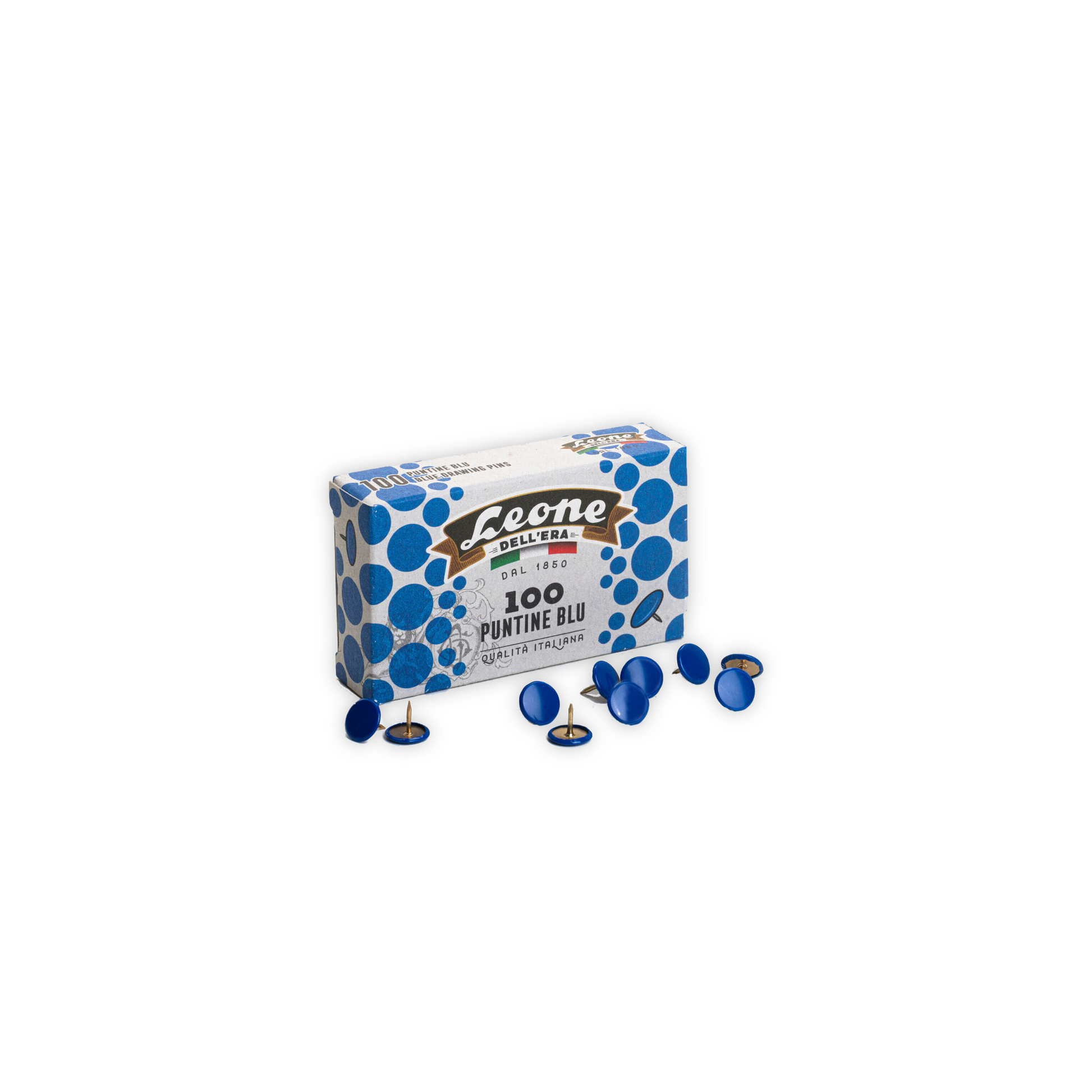 A set of 100 push pins that come in a small box. This set has blue caps.