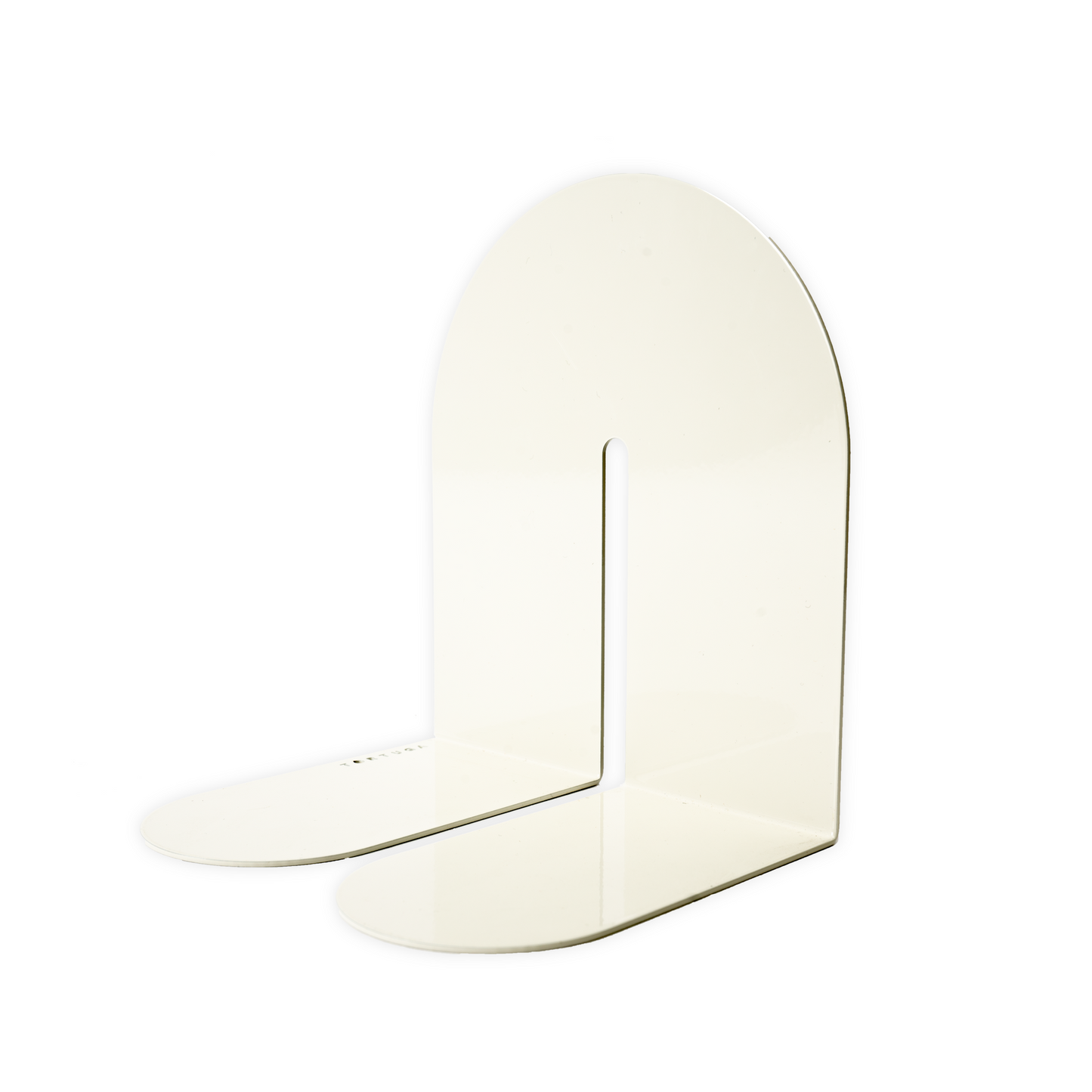 A curved metal bookend that forms an arch when standing. It is a cool white color.