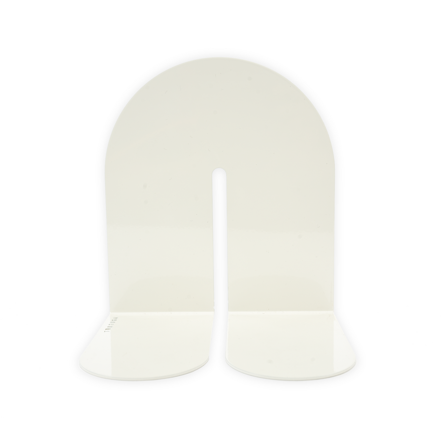 A curved metal bookend that forms an arch when standing. It is a cool white color.