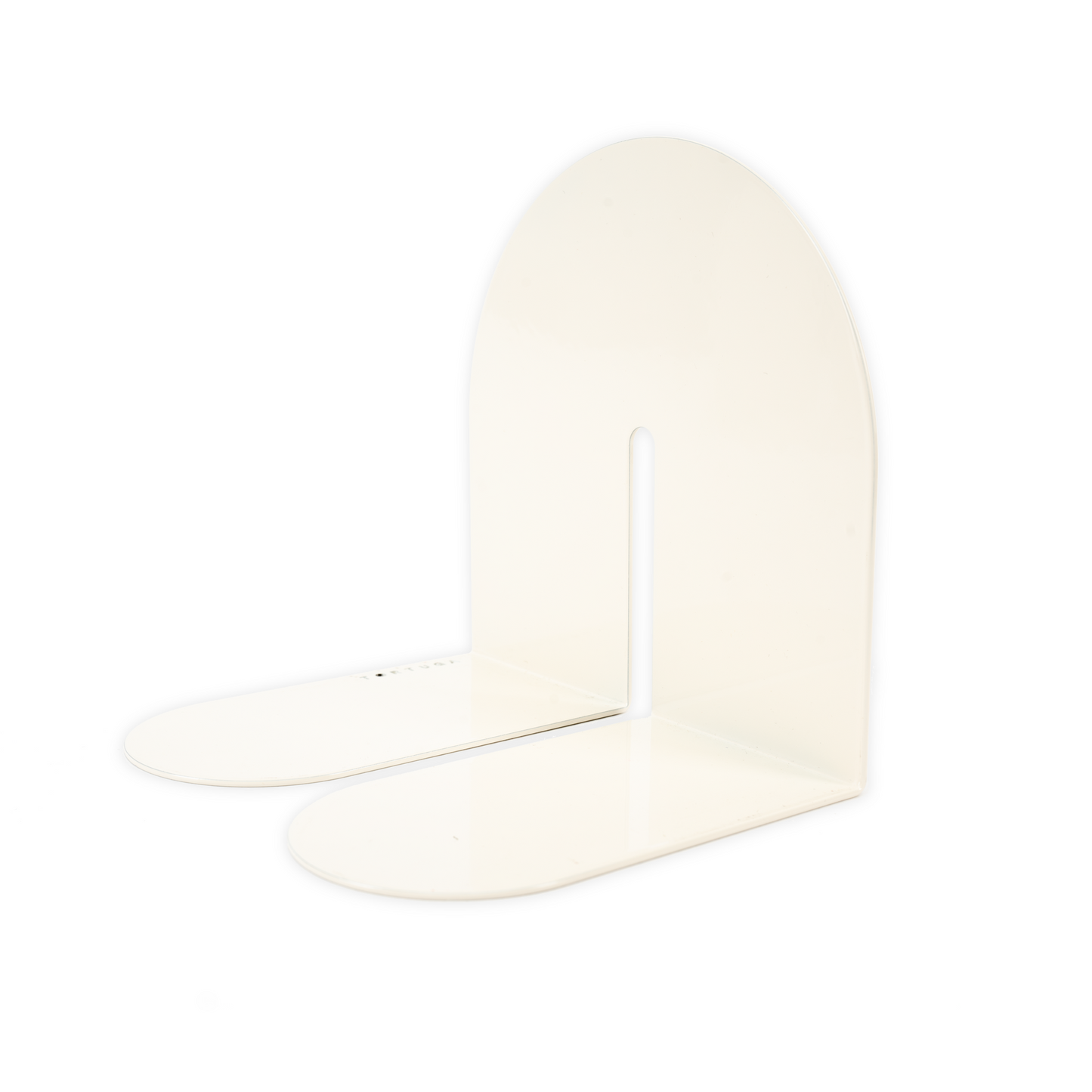 A curved metal bookend that forms an arch when standing. It is a warm white color.