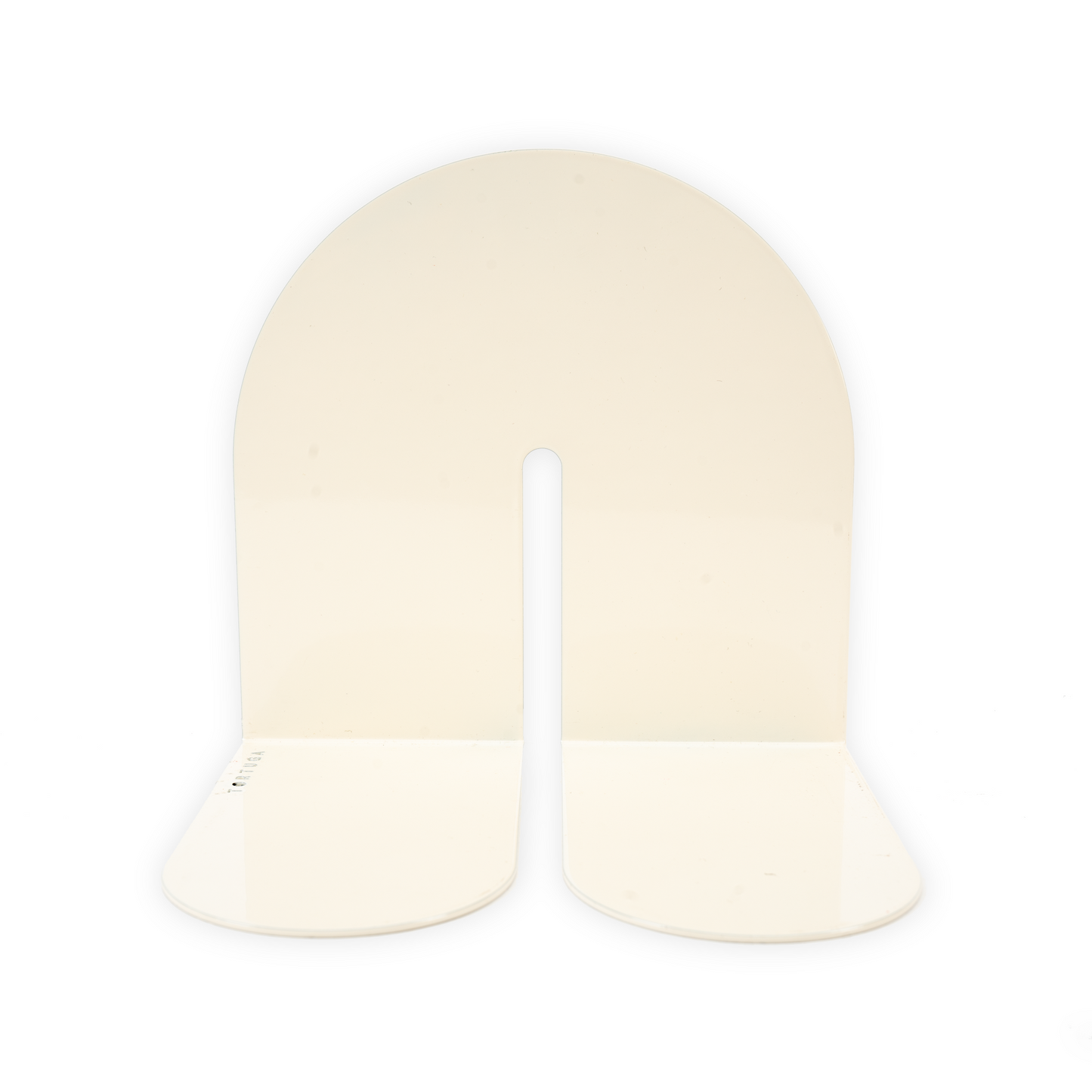 A curved metal bookend that forms an arch when standing. It is a warm white color.
