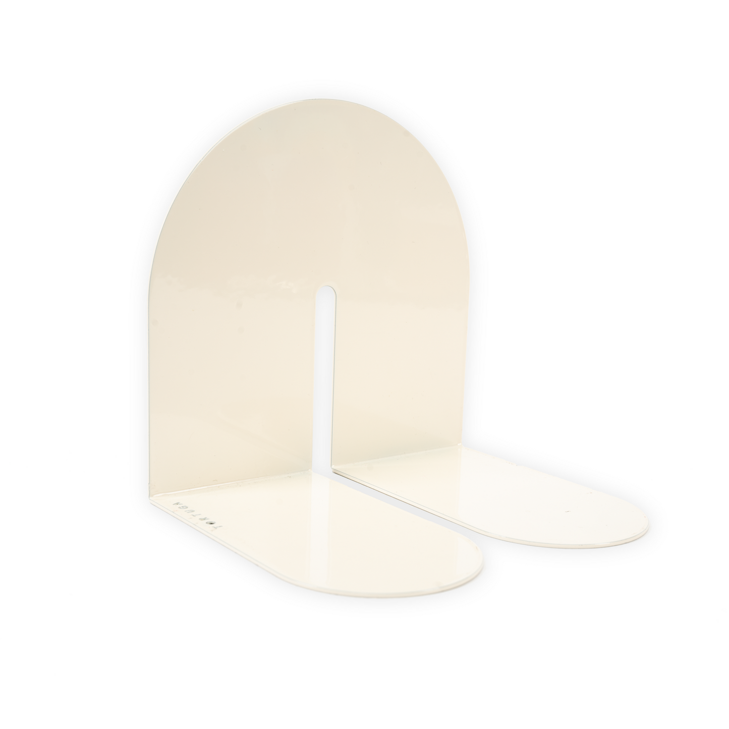 A curved metal bookend that forms an arch when standing. It is a warm white color.