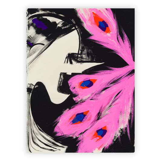 Print of "Untitled" by Ellen Berkenbilt. A stylistic femme profile emerges from the left in quick brushstrokes. Her jaw is open, with several neon pink peacock feathers entering her mouth.