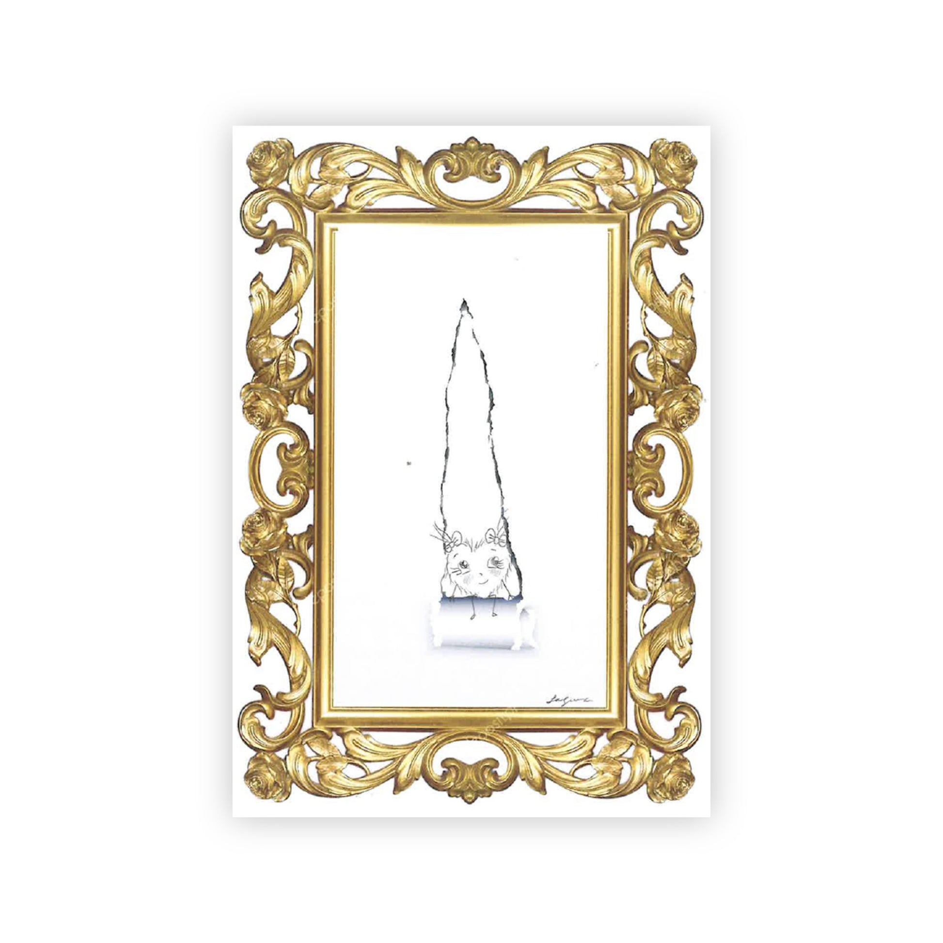 Print of "Untitled" by Fernanda Laguna. In a printed frame of gold filligree sits an anthropomorpic cartoon heart. She's seated on an illusionistic "rip" in the paper. 