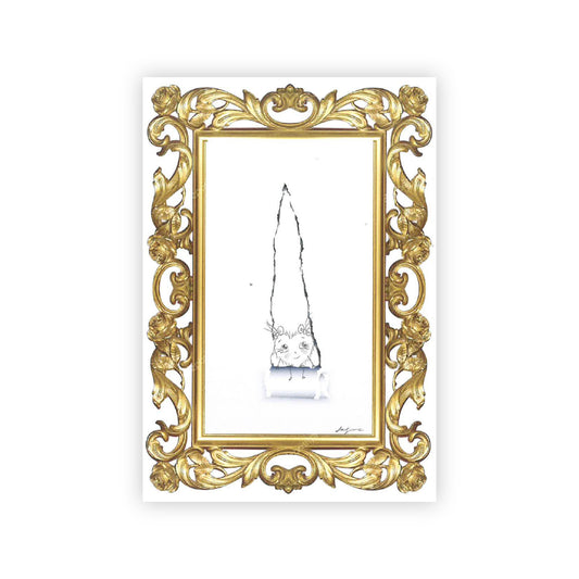 Print of "Untitled" by Fernanda Laguna. In a printed frame of gold filligree sits an anthropomorpic cartoon heart. She's seated on an illusionistic "rip" in the paper. 
