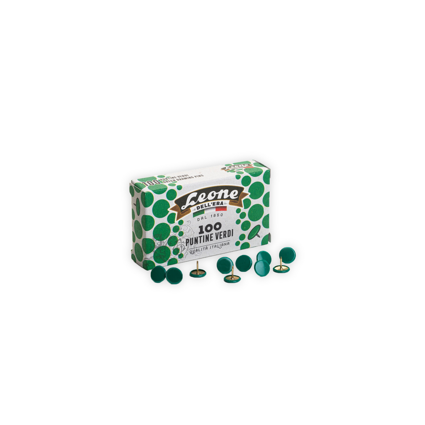 A set of 100 push pins that come in a small box. This set has green caps.