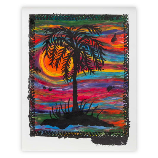 Print of "Untitled" by Josh Smith. A black palm tree floats within a looping black frame. Behind the tree is a rainbow sky and hot orange sun.