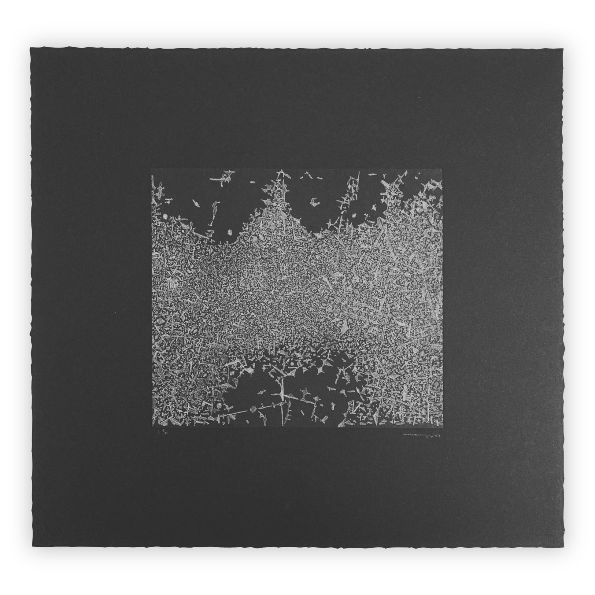 Print of "Slow Copperfield (West)" by Marco Maggi. On black paper is a silver-tinted atomized form that gets gradually less dense from the center outwards. The structure resembles frost, or rust buildup.
