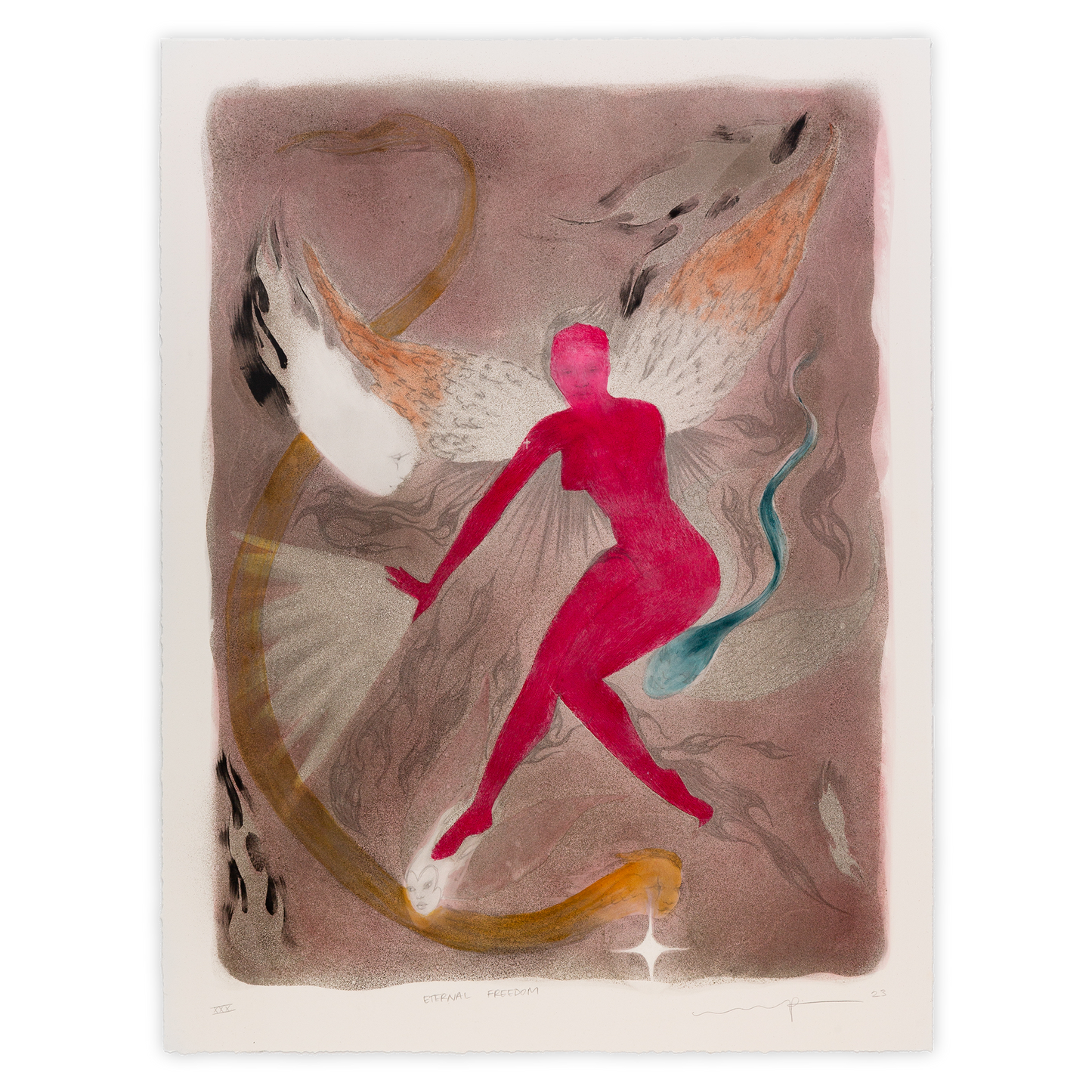Print edition of "Eternal Freedom" by Naudline Pierre. A winged, vermillion-red female figure floats mid-frame, expelling a field of energy from her hand. Several human-faced spirits float around her, and she is surrounded by washy brushstrokes in flamelike patterns.