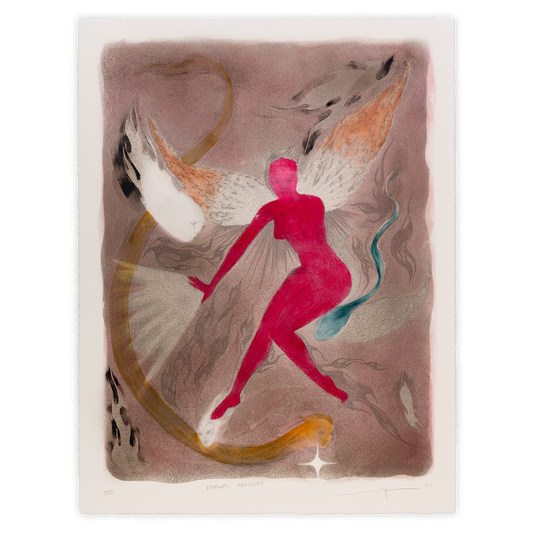 Print edition of "Eternal Freedom" by Naudline Pierre. A winged, vermillion-red female figure floats mid-frame, expelling a field of energy from her hand. Several human-faced spirits float around her, and she is surrounded by washy brushstrokes in flamelike patterns.