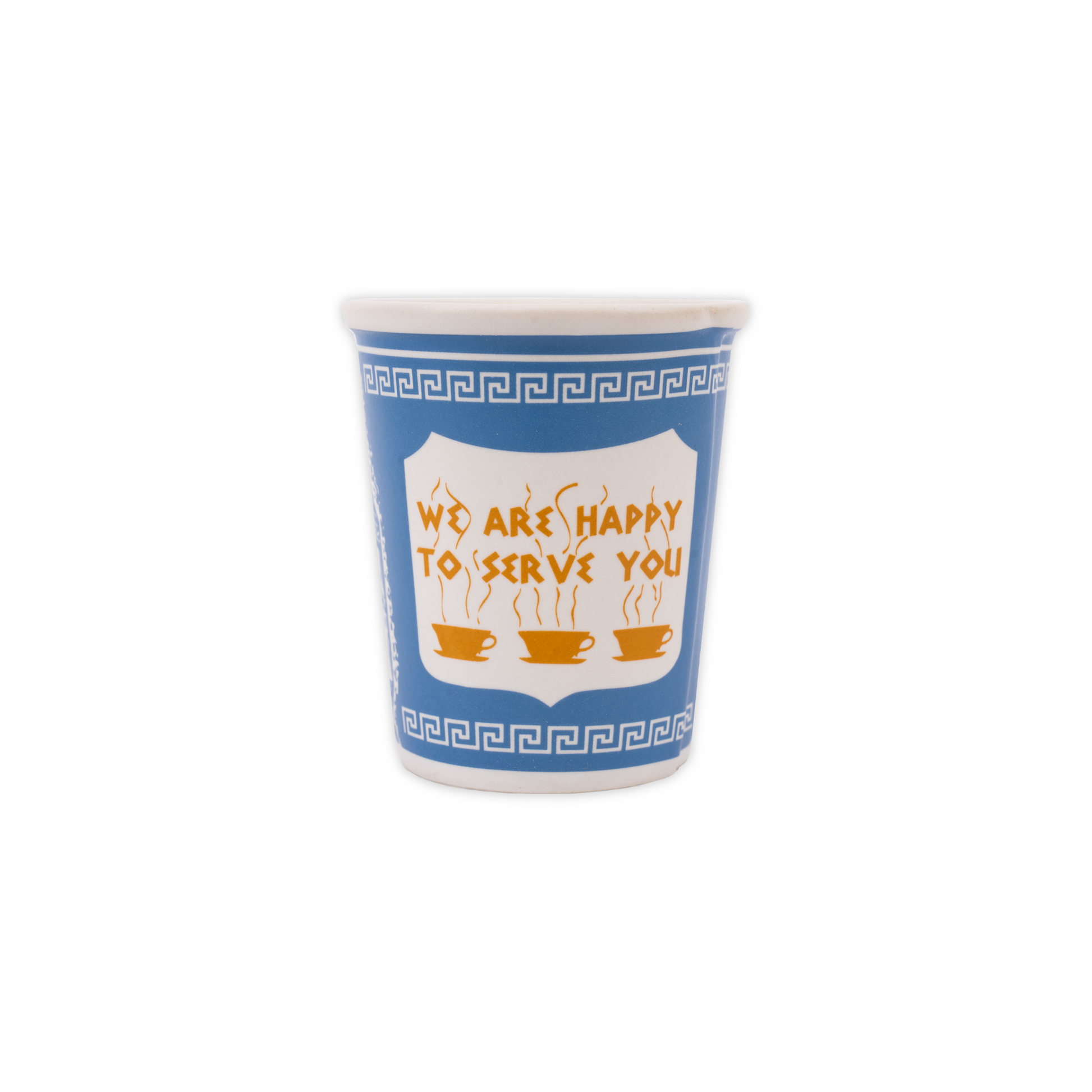 A ceramic cup bearing the iconic New York City "WE ARE HAPPY TO SERVE YOU" coffee cup design.