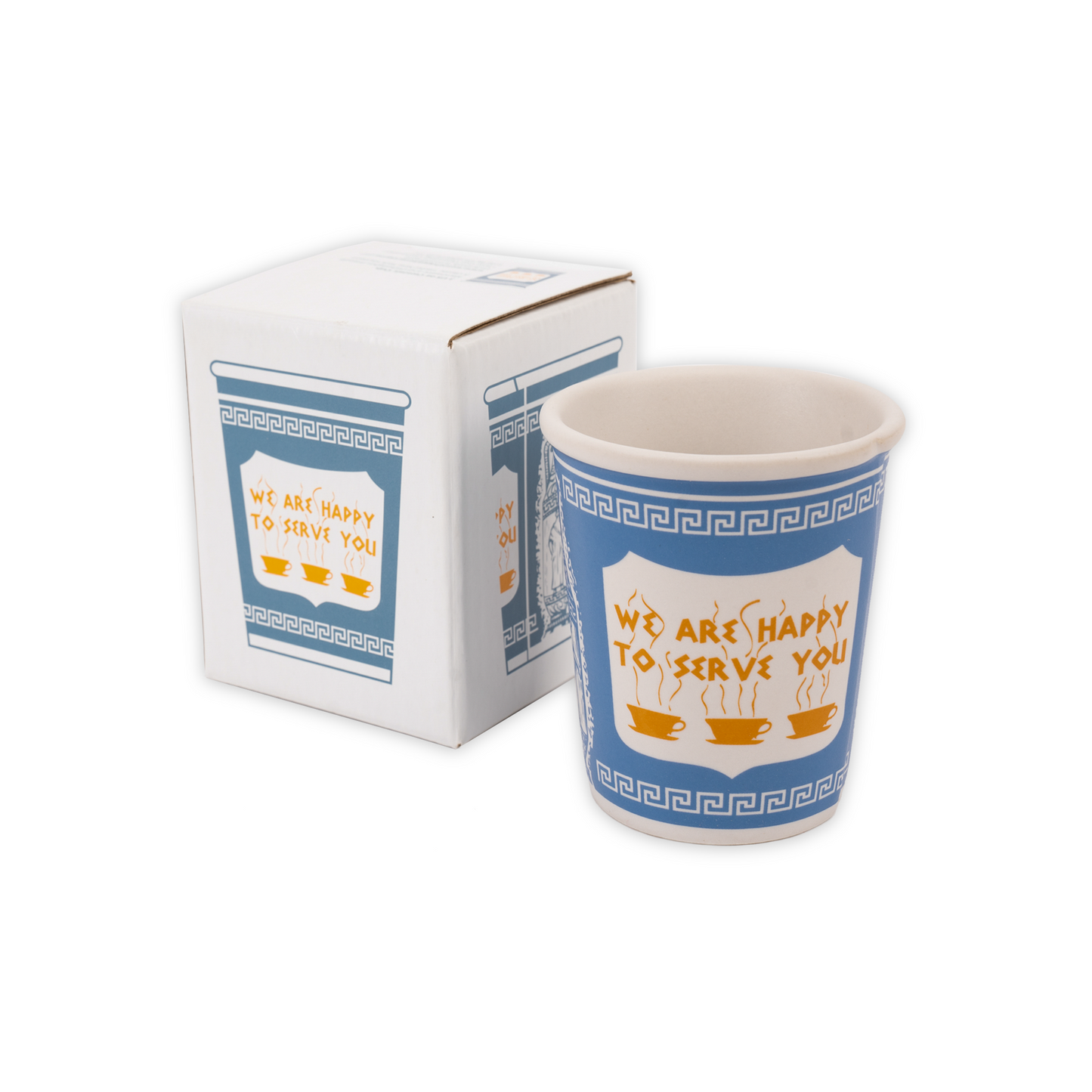 A ceramic cup bearing the iconic New York City "WE ARE HAPPY TO SERVE YOU" coffee cup design. Inculdes a cardboard box.