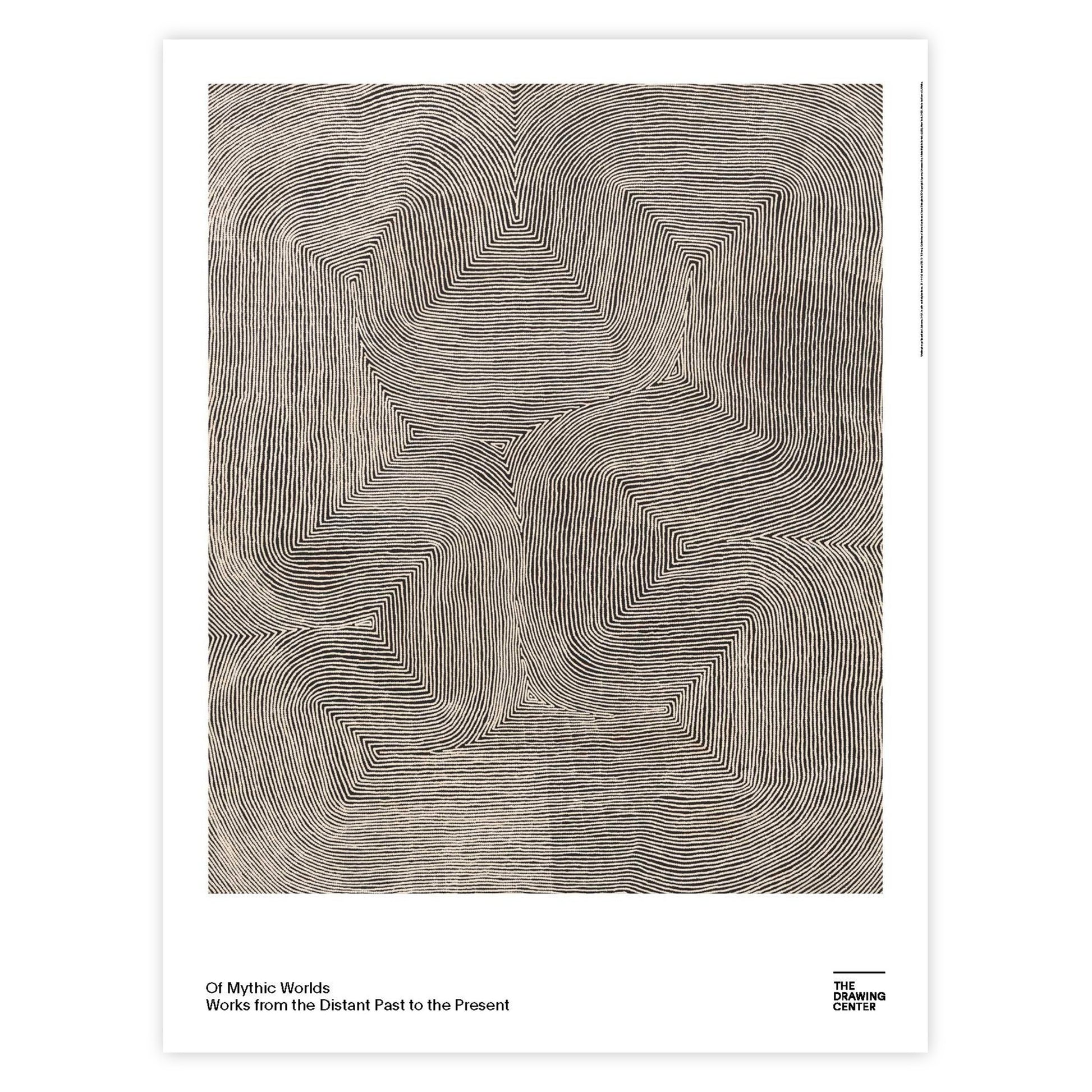 Of Mythic Worlds poster featuring a reproduction of the artwork Maruwa, 2017, by Warlimpirrnga Tjapaltjarri