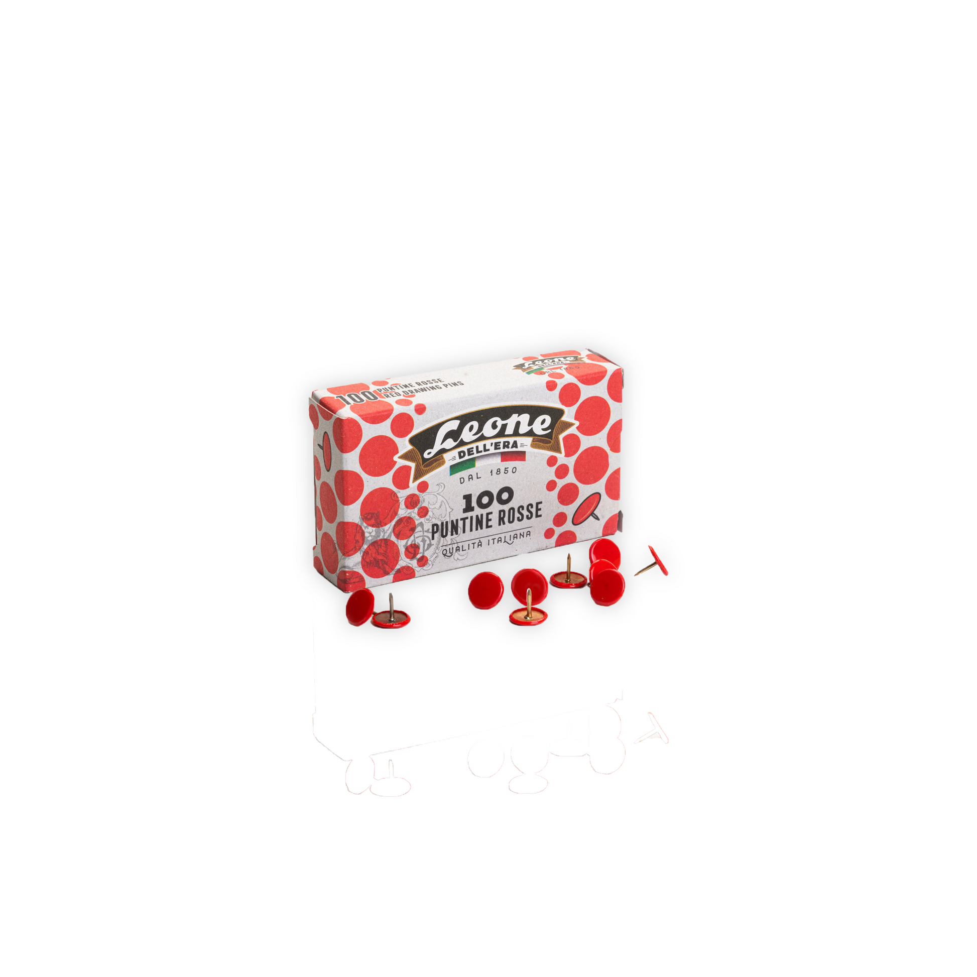 A set of 100 push pins that come in a small box. This set has red caps.