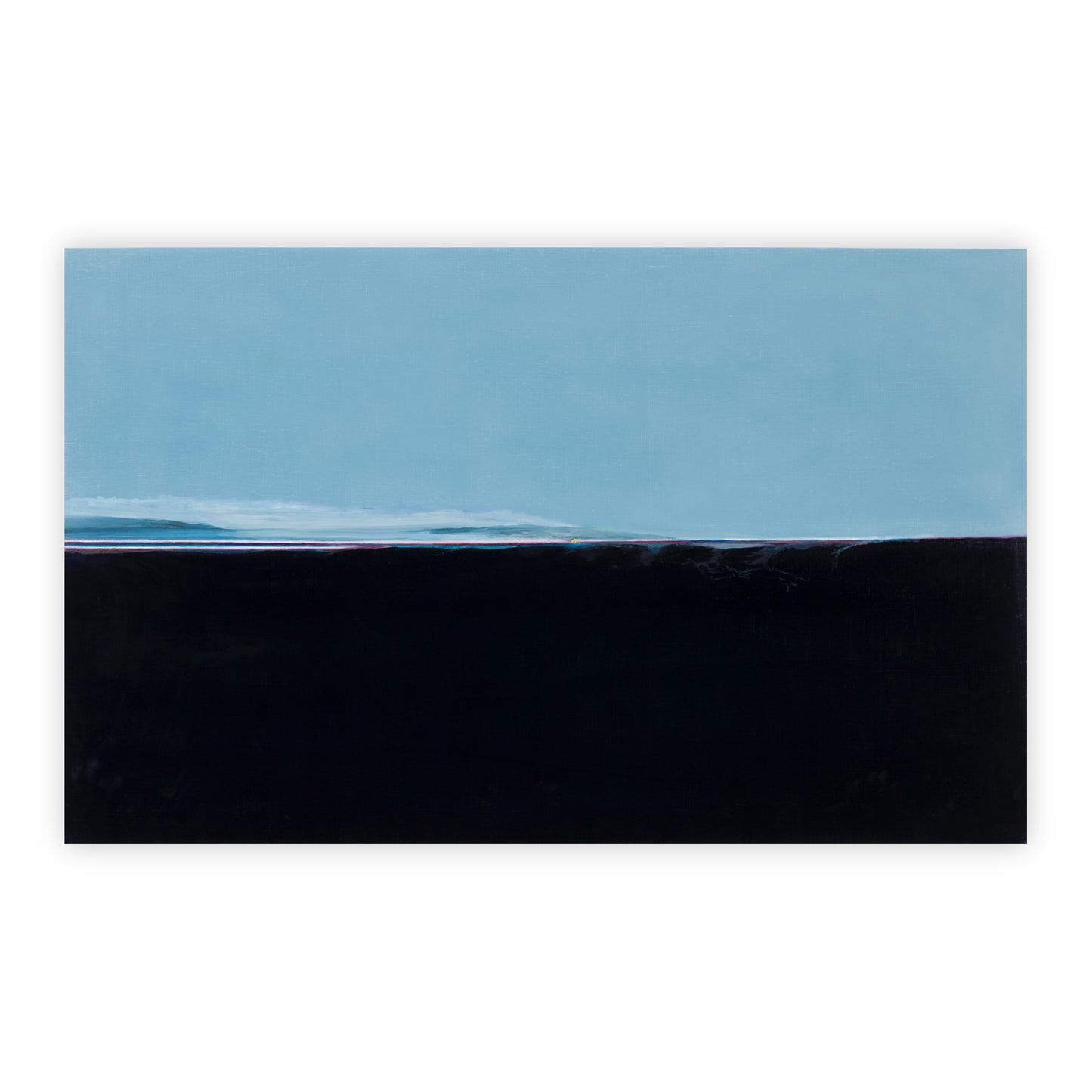 Photographic print by R.H. Quaytman title "4.545% of Morning, Chapter 30". A landscape composition bisected horisontally by a pale blue on top, and a deep black on the bottom. Upon the horizon is a  minscule sliver of red, suggesting a sunrise or sunset.