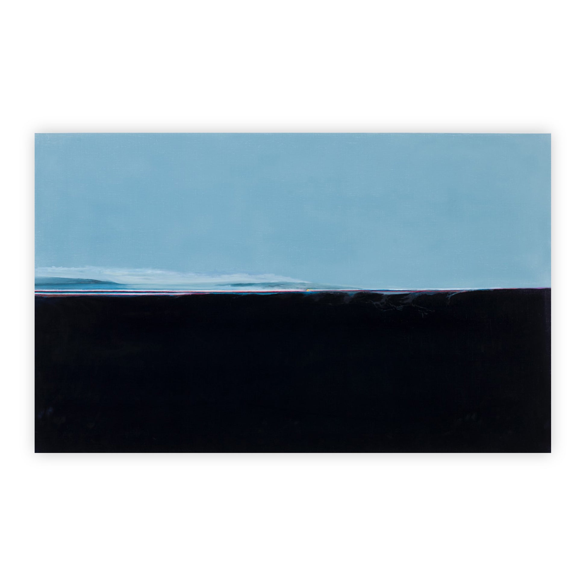 Photographic print by R.H. Quaytman title "4.545% of Morning, Chapter 30". A landscape composition bisected horisontally by a pale blue on top, and a deep black on the bottom. Upon the horizon is a  minscule sliver of red, suggesting a sunrise or sunset.