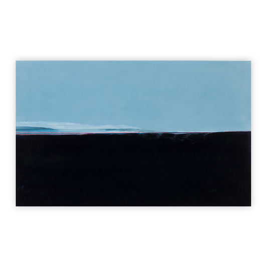 Photographic print by R.H. Quaytman title "4.545% of Morning, Chapter 30". A landscape composition bisected horisontally by a pale blue on top, and a deep black on the bottom. Upon the horizon is a  minscule sliver of red, suggesting a sunrise or sunset.