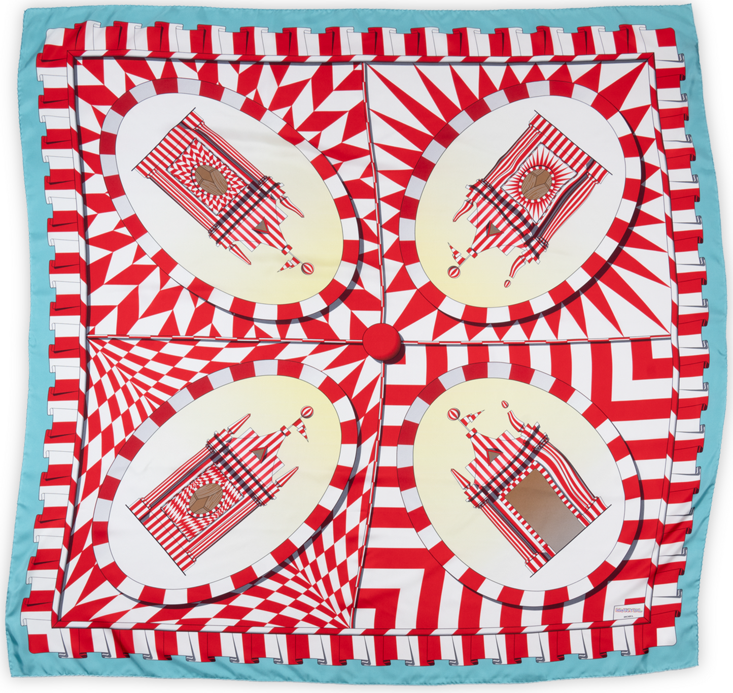A square scarf laid out. The pattern is divided into quarters, each square depicting a red and white striped tent. Surrounding these tents are red and white patterns. There is a baby blue border around the outside of the scarf.