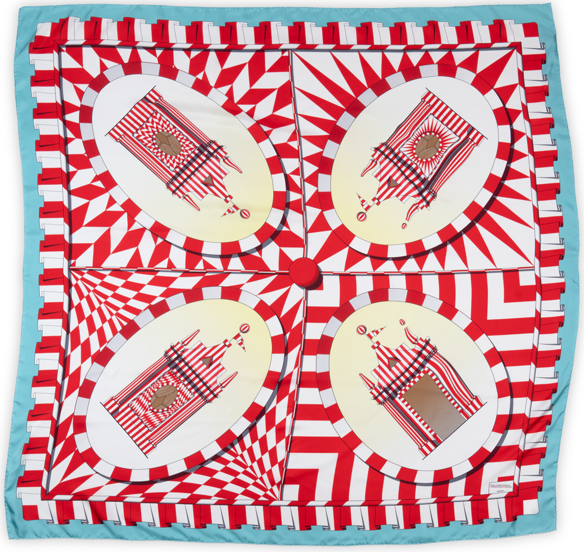 A square scarf laid out. The pattern is divided into quarters, each square depicting a red and white striped tent. Surrounding these tents are red and white patterns. There is a baby blue border around the outside of the scarf.