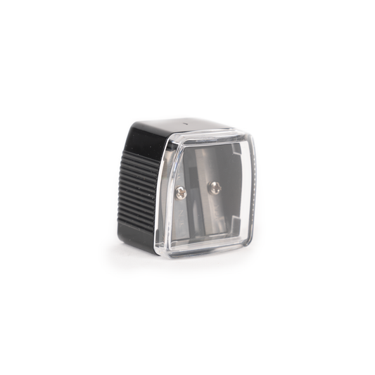 A black two-sided pencil sharpener with a clear plastic cover.