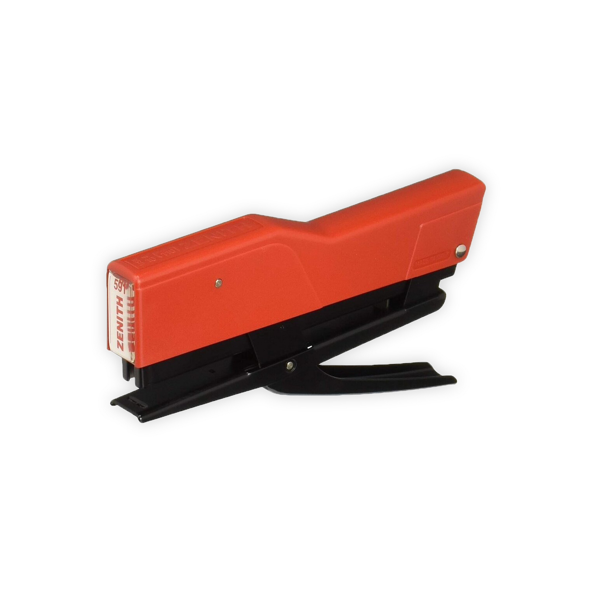 A mechanical stapler with ZENITH embedded on the front end. This model has a red finish.