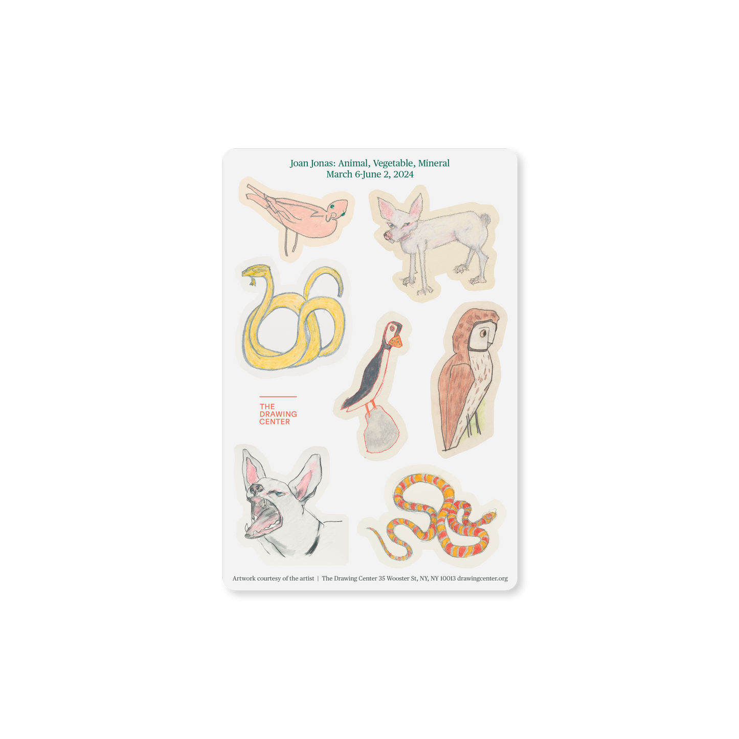 A sticker sheet containg multi-colored images of 7 animals. Colored text of the show title is printed at the top of the sheet.