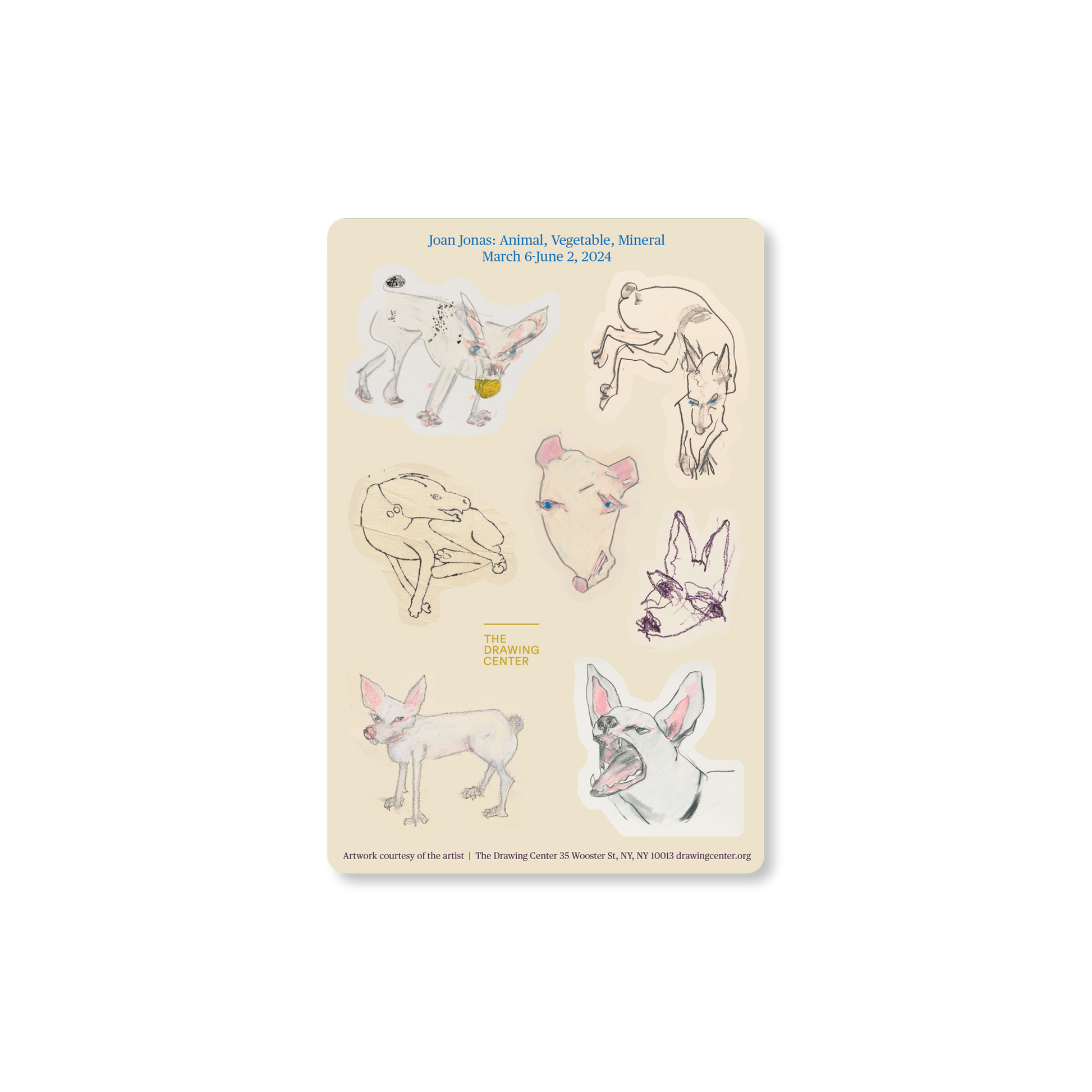 A sticker sheet containg multi-colored images of 7 dogs. Colored text of the show title is printed at the top of the sheet.