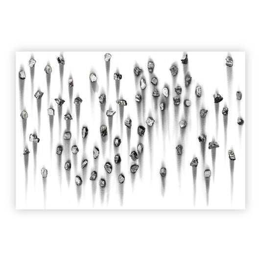 Print of "Sfumato" by Teresita Fermandez. This greyscale print features a series of rock-like forms on a white background. These forms are casting long shadows that go vertically from top to bottom.