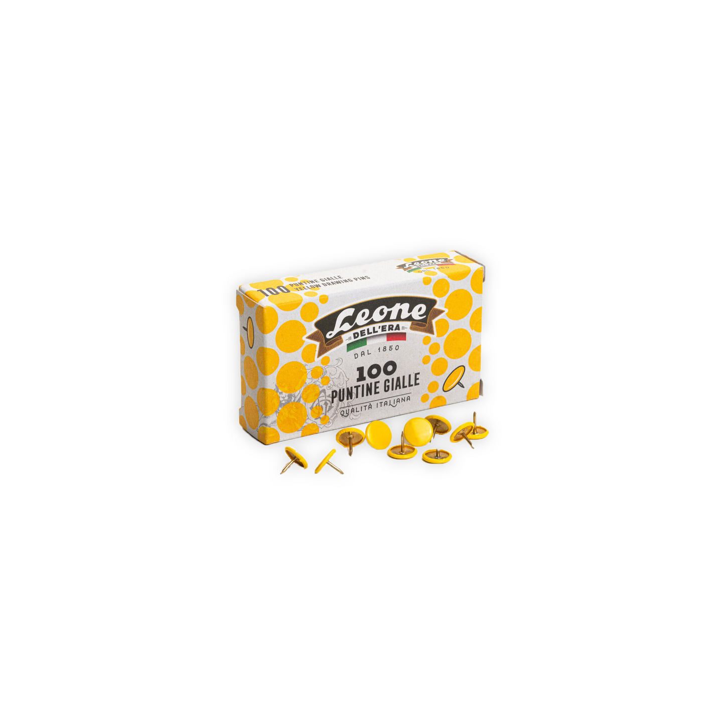 A set of 100 push pins that come in a small box. This set has yellow caps.